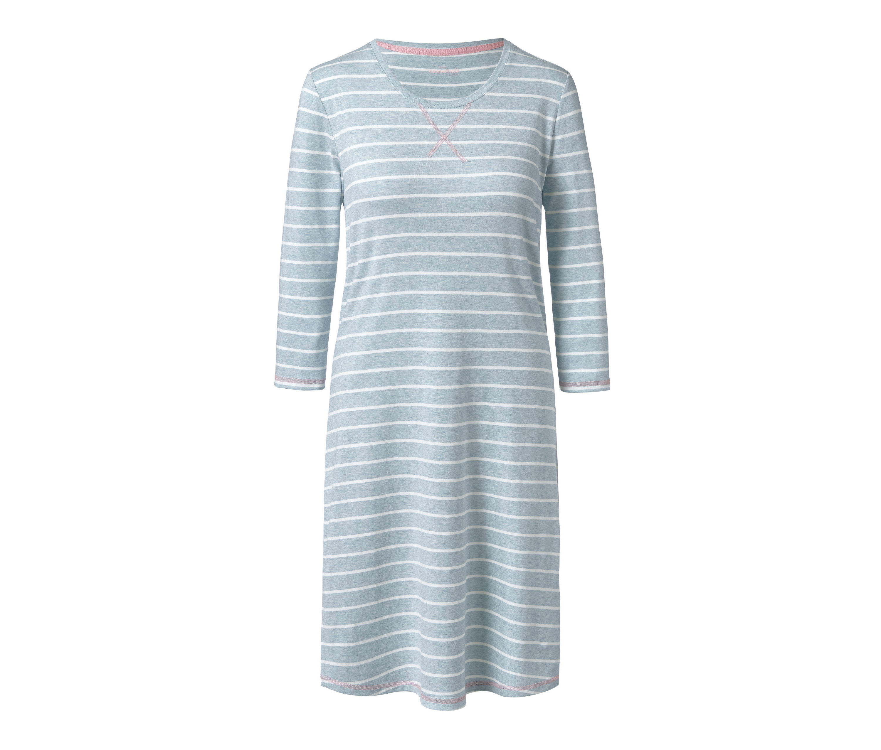 Ein blaues Nachthemd mit weißen horizontalen Streifen.