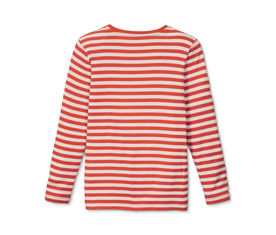 Detailansicht der Rückseite eines orange-weiß gestreiften Langarmshirts mit Knotendetail.