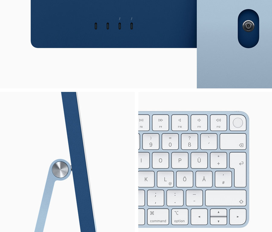 Detailansicht eines blauen Apple iMac 24" mit Tastatur.