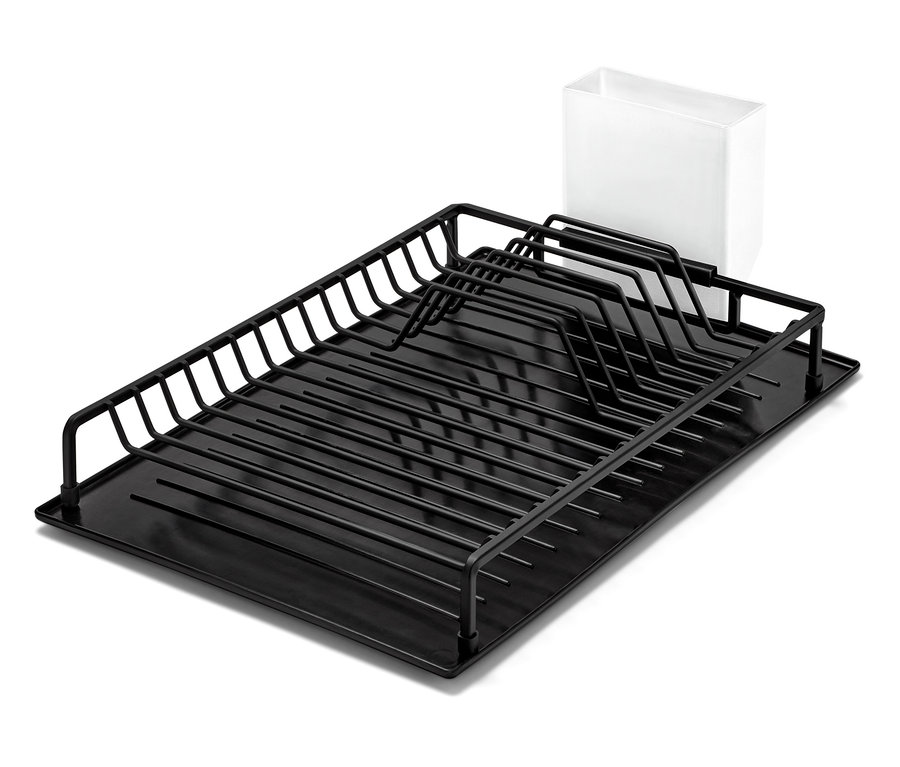 Schwarzes Abtropfgestell mit Abtropfmatte.