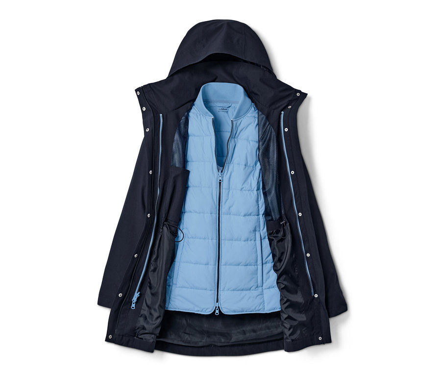 Blauer 3-in-1-Outdoormantel mit Kapuze und hellblauer Innenweste.