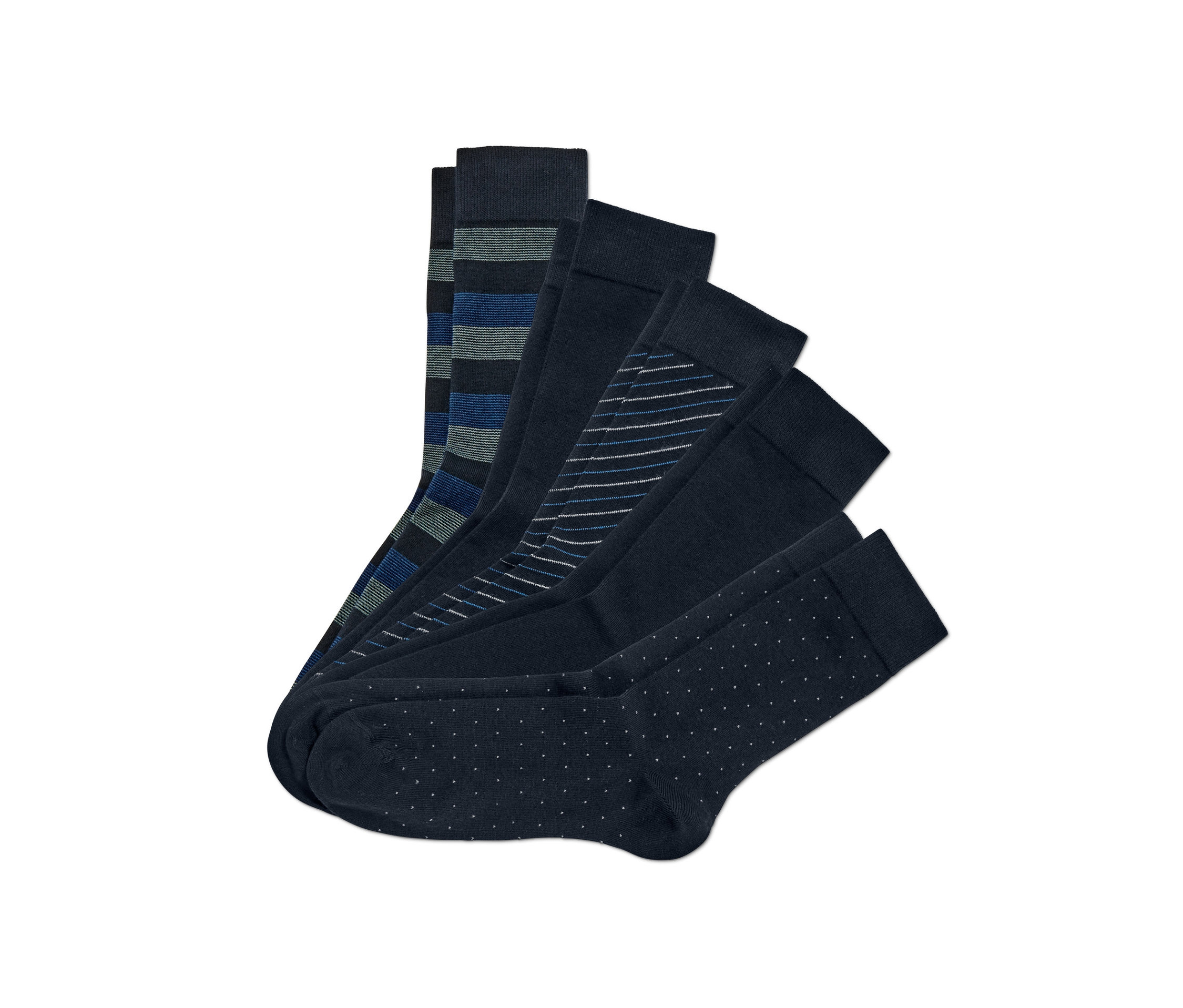 Fünf Paar Socken mit verschiedenen Mustern.