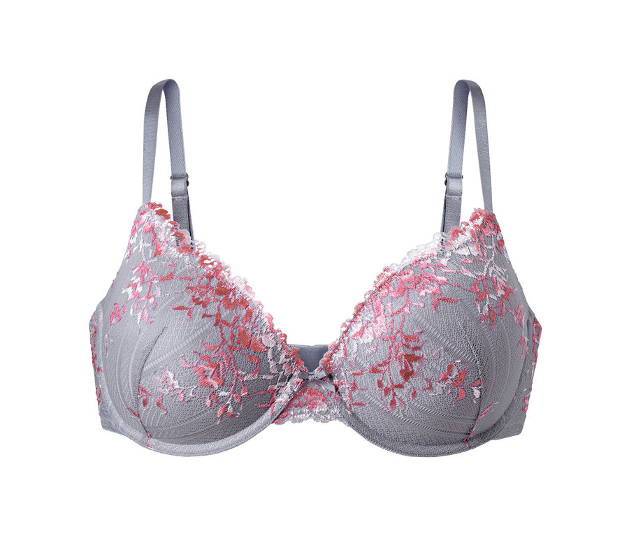 Grauer Schalen-BH mit rosa Spitze.