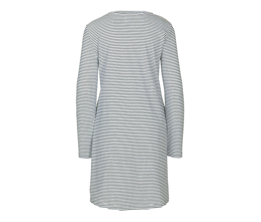 Rückansicht eines langärmeligen Nachthemds mit horizontalen dunkelblauen Streifen auf weißem Hintergrund.