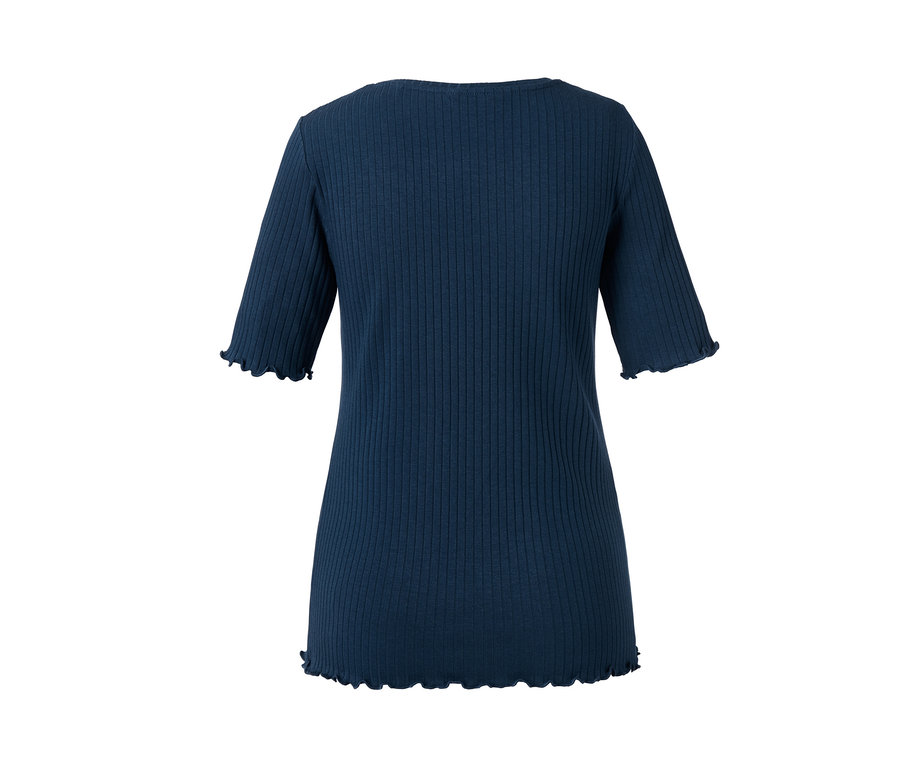 Dunkelblaues Shirt mit kurzen Ärmeln und Rippstruktur.