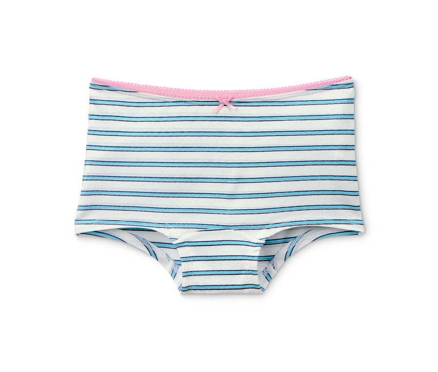 Ein einzelner Schlüpfer aus einem 7er-Pack Mädchen Pantys aus Bio-Baumwolle mit blau-weißem Streifenmuster.