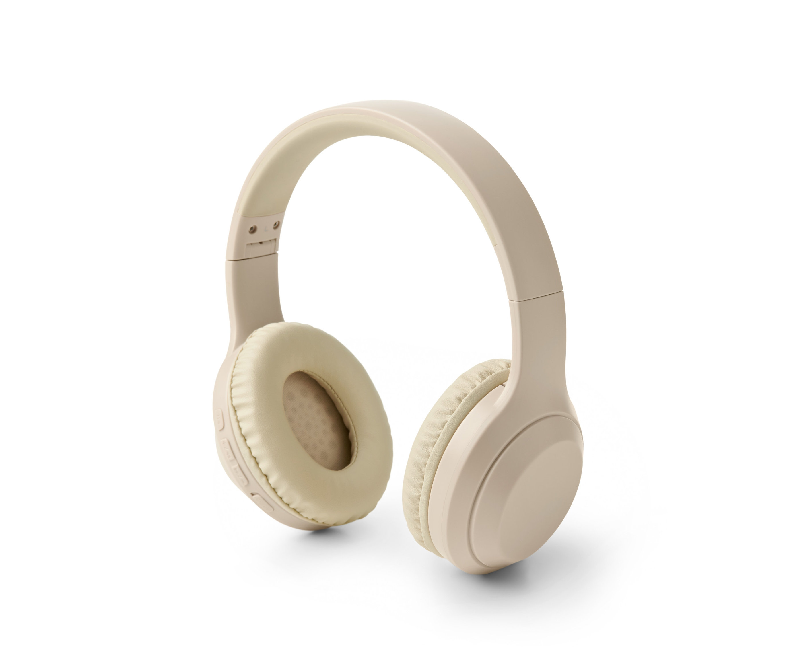 Beige On-Ear-Bluetooth®-Kopfhörer auf weißem Hintergrund.