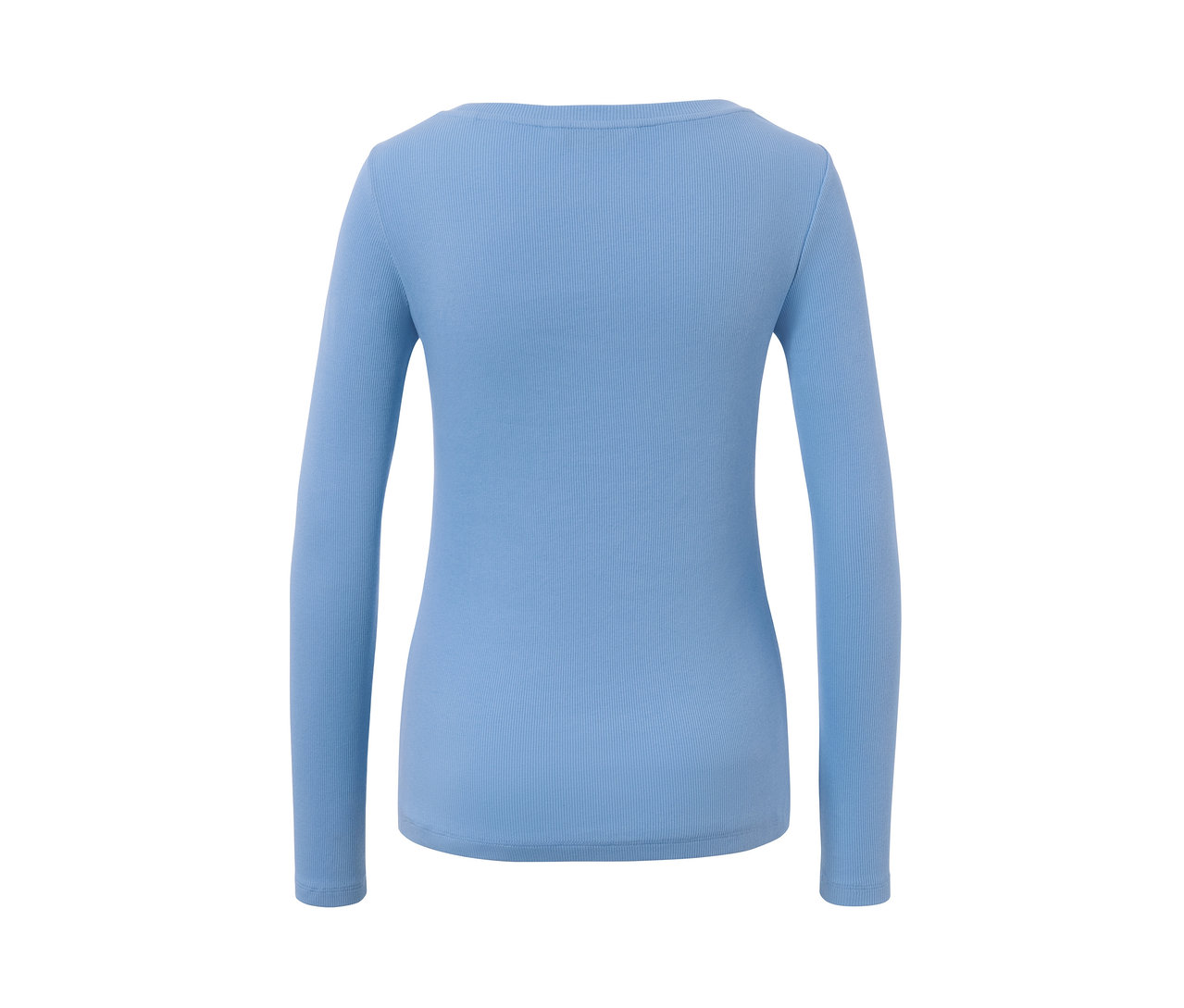 Ein blaues Langarmshirt auf weißem Hintergrund.