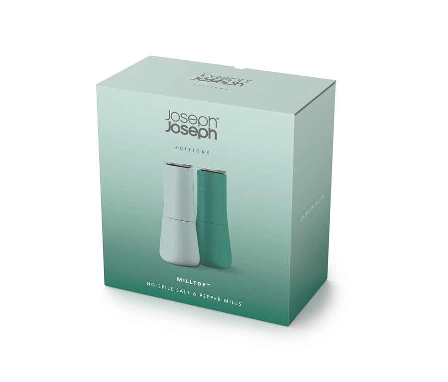 Eine Packung Joseph Joseph Milltop™ Salz- und Pfeffermühlen auf weißem Hintergrund.