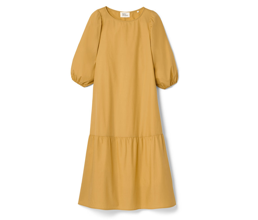 Gelbes NAH/STUDIO Kleid aus Bio-Baumwolle mit kurzen Puffärmeln und Rüschensaum.