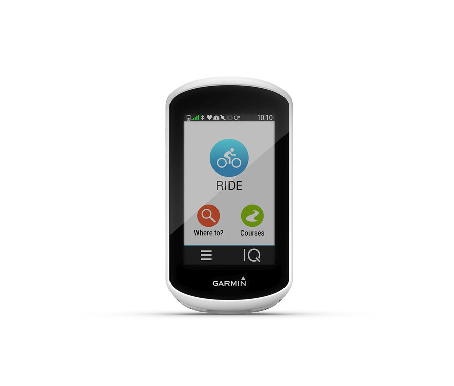 Weißes Garmin Edge Explore Fahrrad-Navigationsgerät mit Bildschirm, der ein Fahrmenü anzeigt.