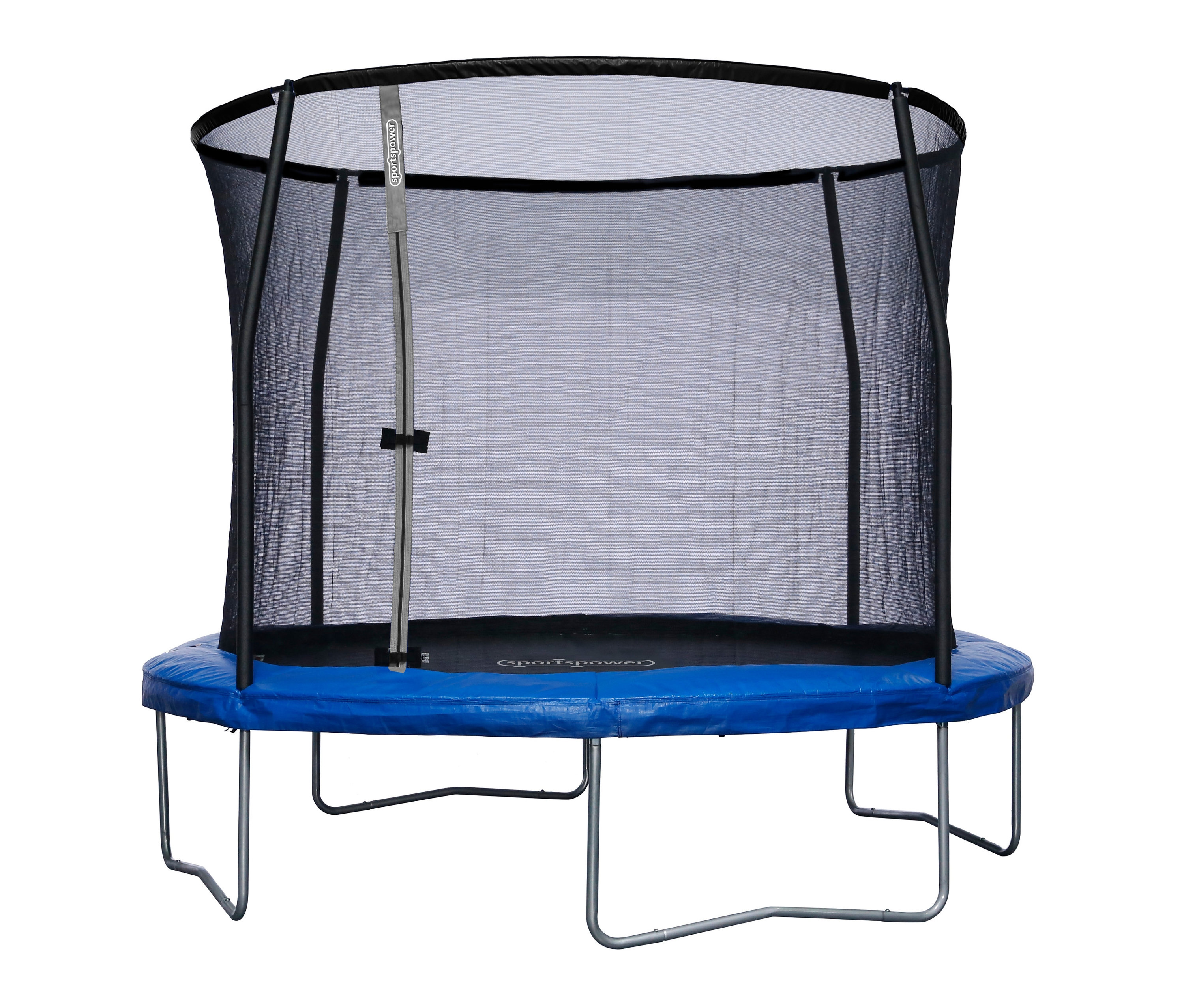 Ein blau-schwarzes Sportspower-Trampolin »305« mit Sicherheitsnetz.
