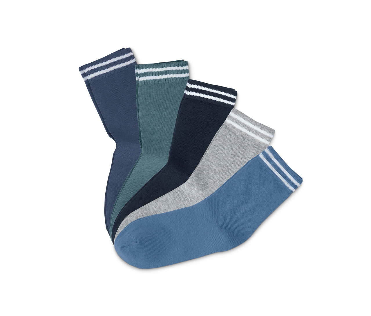 Fünf Paar Socken in Blau, Grau und Grün.