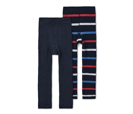 Zwei Strickleggings: eine dunkelblaue und eine gestreifte (blau, rot und weiß).