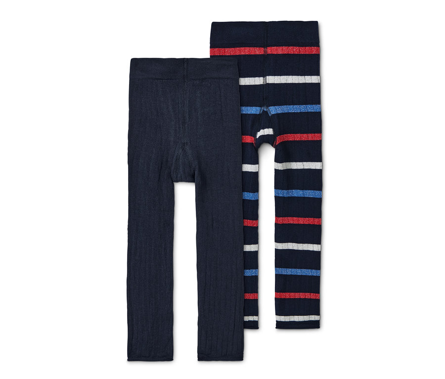 Zwei Strickleggings: eine dunkelblaue und eine gestreifte (blau, rot und weiß).
