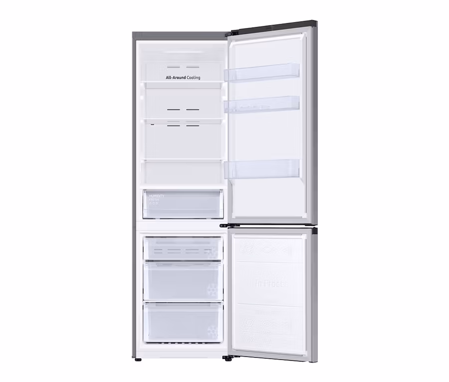 Geöffneter Samsung Kühl-Gefrierschrank »RL36T600CSA/EG« mit Regalen und Schubladen.