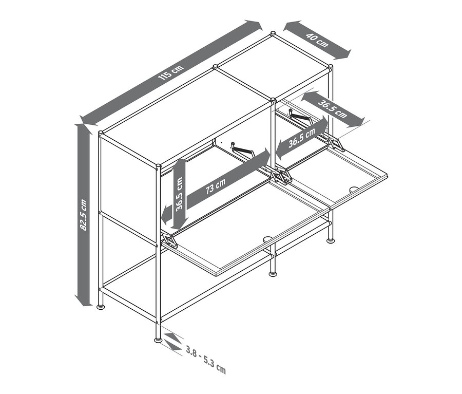 Schema einer Konsole Metall »CN3« mit 2 Klappfächern und Bemaßungen.