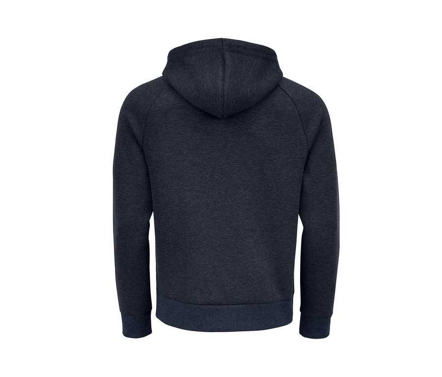 Rückansicht einer marineblauen Funktionsjacke mit Kapuze.