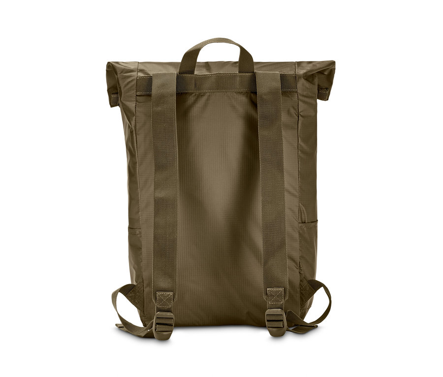 Rückansicht eines faltbaren Rucksacks in Khaki.