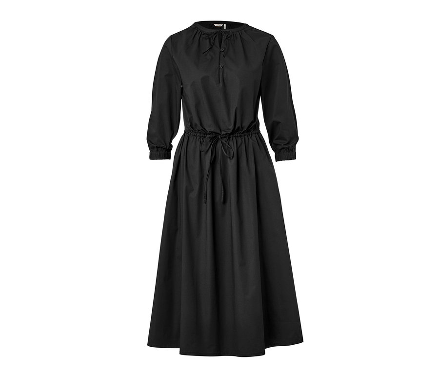 Schwarzes Popeline-Kleid mit langen Ärmeln und Taillenzug.