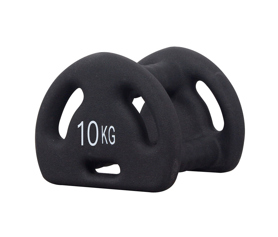 Zwei schwarze Body Coach Multifunktions-Neoprenhanteln, je 10 kg, liegen nebeneinander.