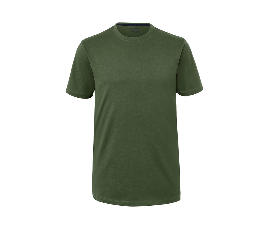 Ein olivgrünes T-Shirt mit Rundhalsausschnitt.