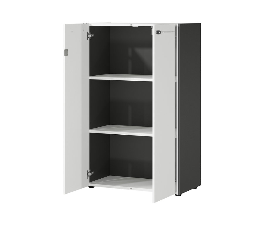Geöffneter, kleiner, weisser Aktenschrank »GW-Pasadena« mit schwarzem Interieur und drei Regalen.