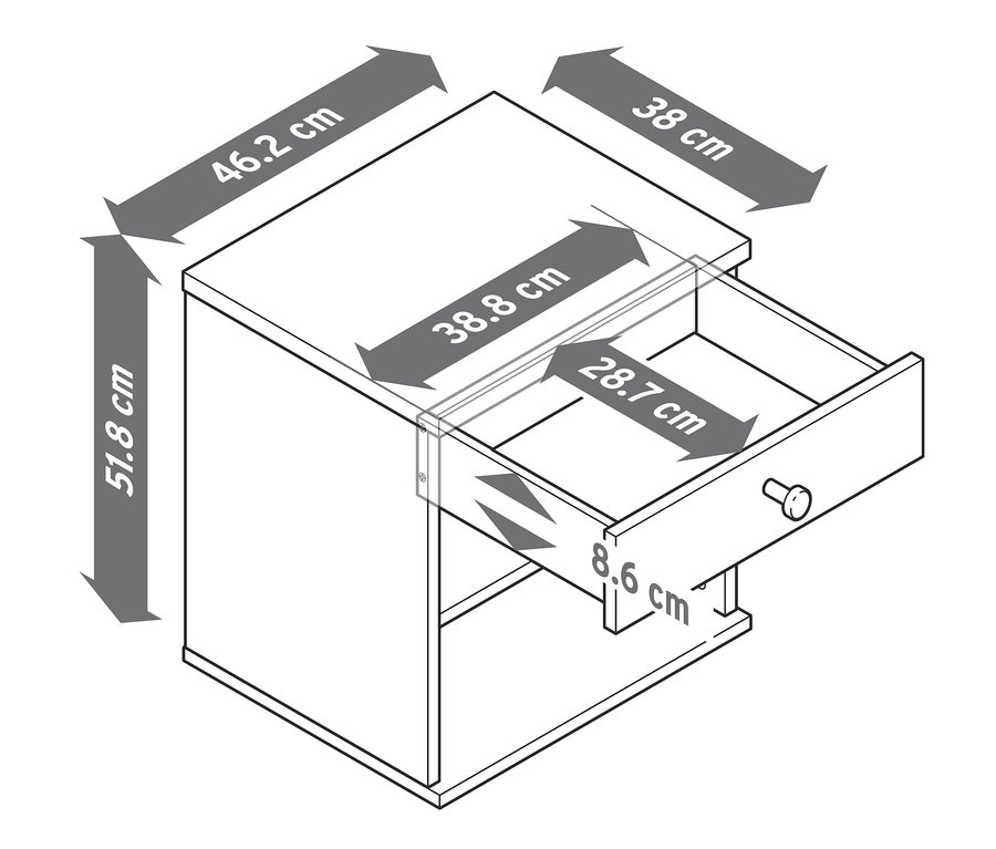 Abmessungen des Nachttischs »Bekeson« mit offener Schublade.
