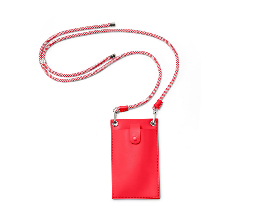 Eine rote Mini-Umhängetasche mit rot-weißer Kordel.