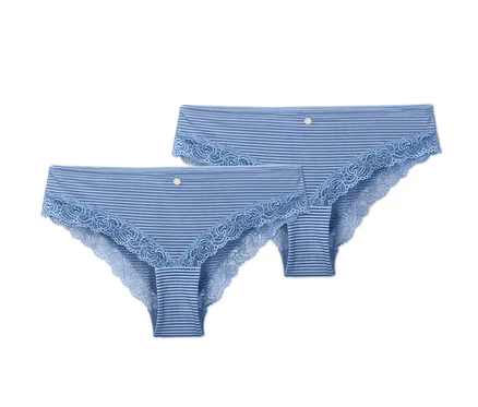 Zwei kornblumenblaue Brazil-Slips mit Streifen und Spitze.