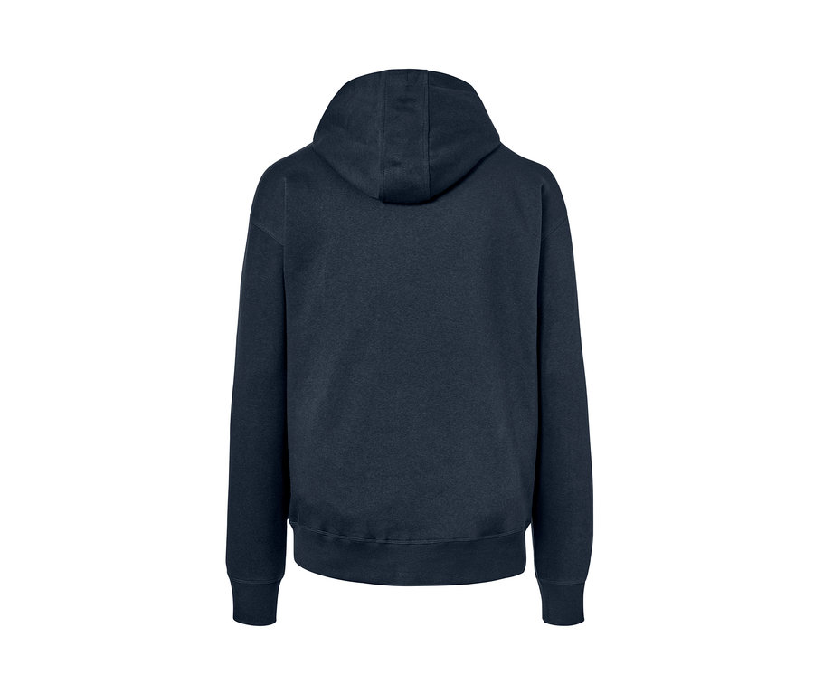 Rückansicht eines blauen Hoodies.
