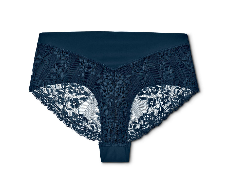 Dunkelblaue 2 Magic-Cut-Brazilslips mit Blumenmuster.