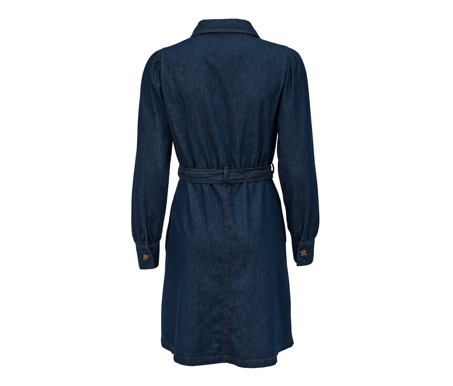 Rückansicht eines Jeans-Kleids mit langen Ärmeln und Gürtel.