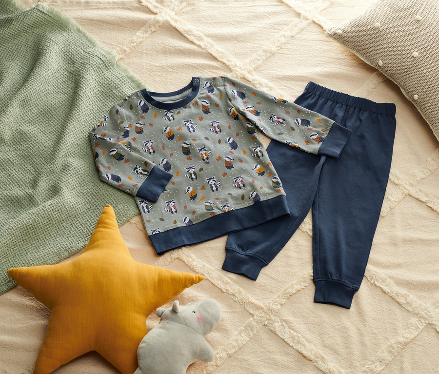 Auf einer beigen Decke liegt ein Pyjama mit Dackel-Print, daneben ein gelber Stern und ein Plüsch-Nilpferd.