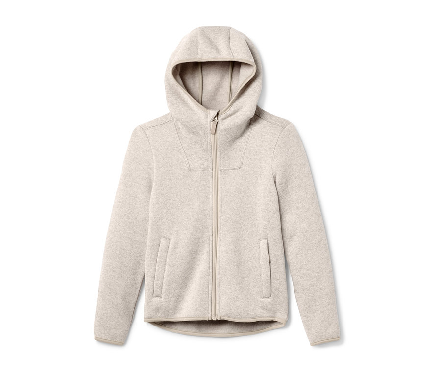 Beige Strickfleece-Jacke mit Reißverschluss und Kapuze.