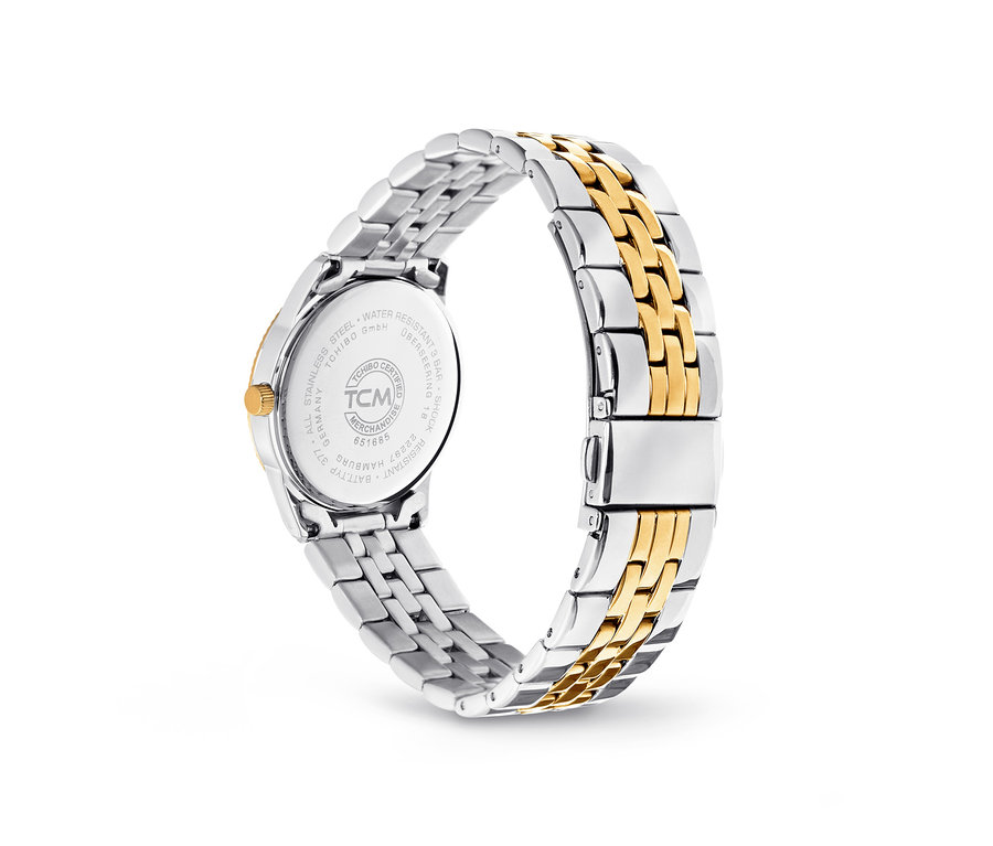 Detailansicht einer Bicolor-Damenuhr mit Datum.