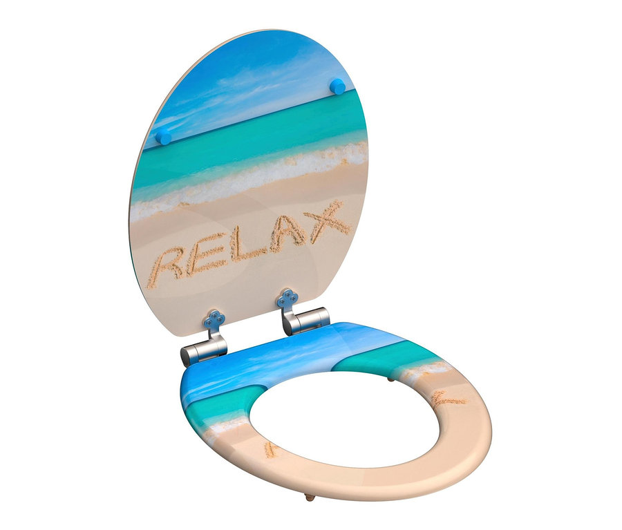 Geöffneter Schütte MDF-WC-Sitz »Relax« mit Strandmotiv und dem Wort Relax.