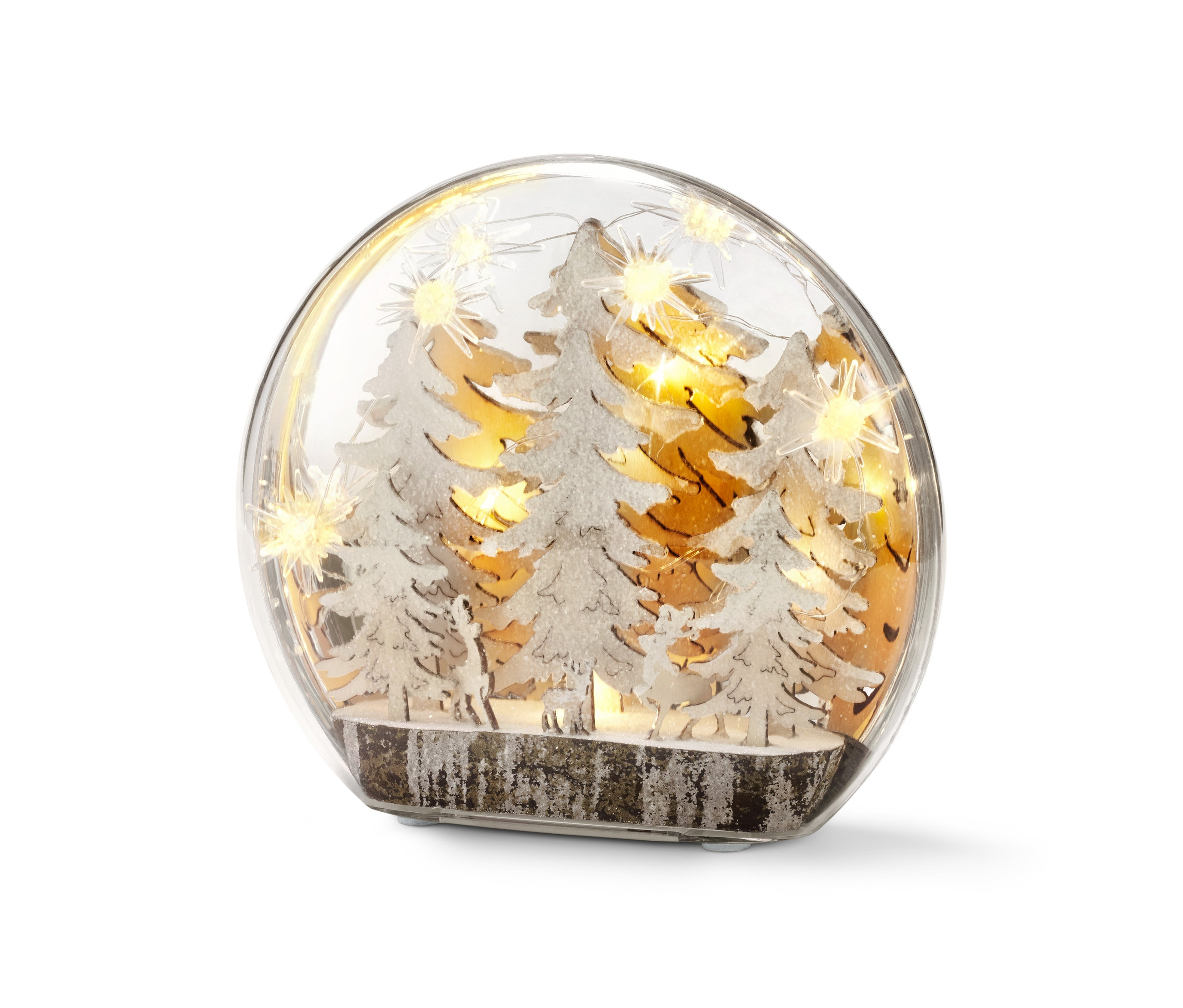 Eine LED-Dekokugel zeigt verschneite Bäume und Tiersilhouetten im Inneren.