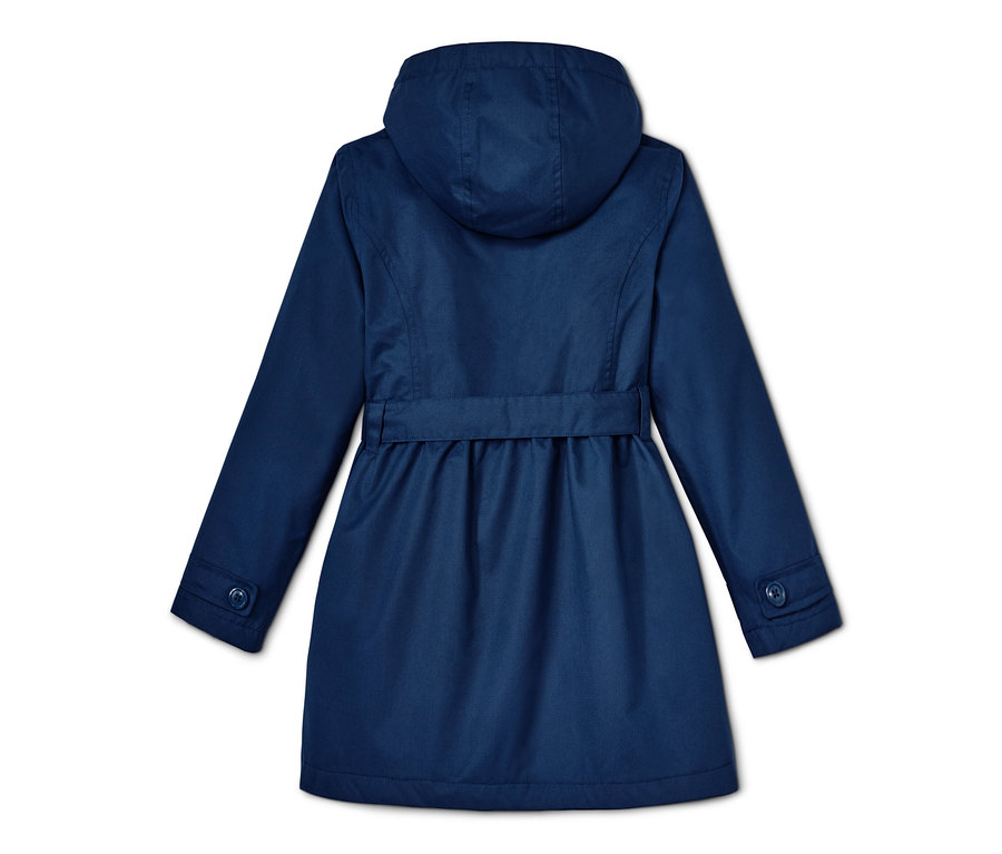 Blauer Allwetter-Trenchcoat mit Kapuze und Gürtel.