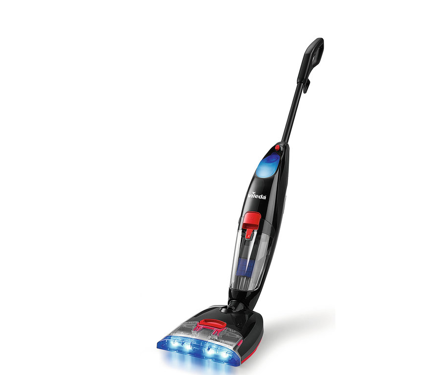 Schwarzer Vileda JetClean Bodenreiniger mit transparentem Wassertank.