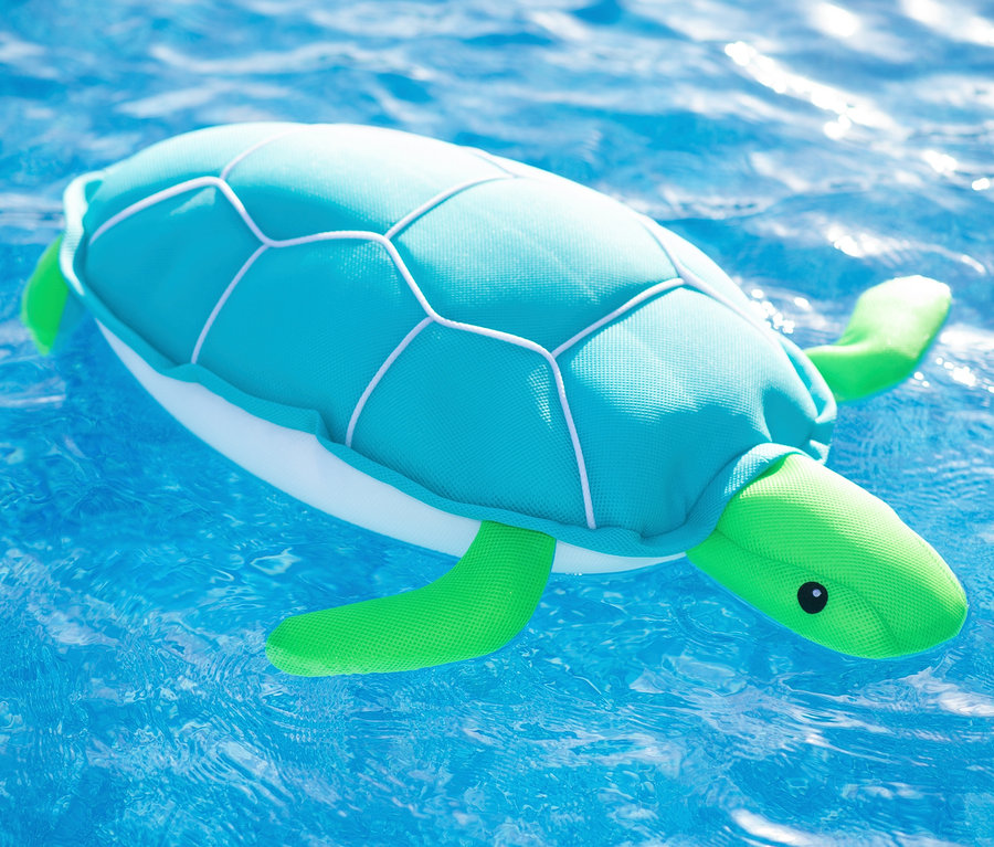 Eine blaue Pool Buddy Schildkröte schwimmt im Wasser.
