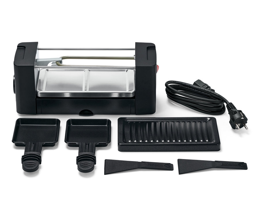 Schwarzer Raclette für Zwei mit Pfännchen, Spachteln und Grill.