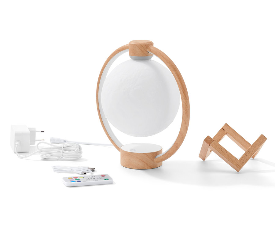 Schwebender LED-Bluetooth®-Lautsprecher »Mond« auf einem weißen Hintergrund.