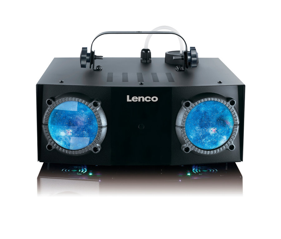 Schwarze Lenco Nebelmaschine LFM-110 mit zwei blauen Lichtern.