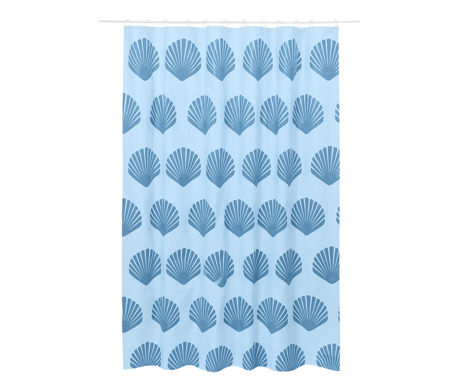 Blauer Duschvorhang mit Muschelmuster.