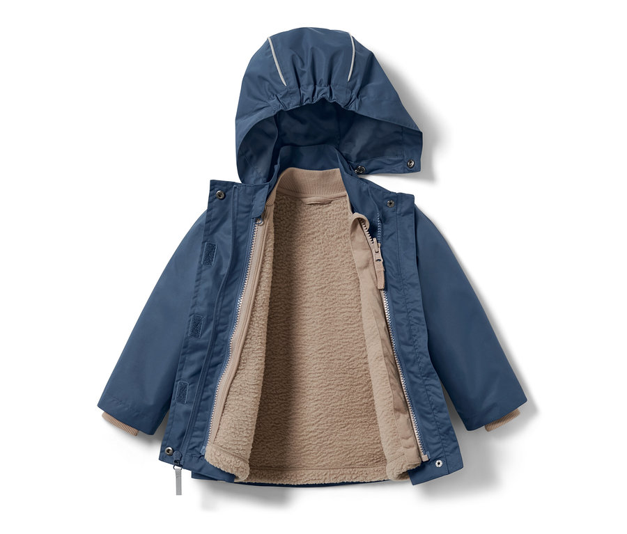 Geöffnete, blaue Kleinkind-3-in-1-Outdoorjacke mit Kapuze und beiger Innenjacke.