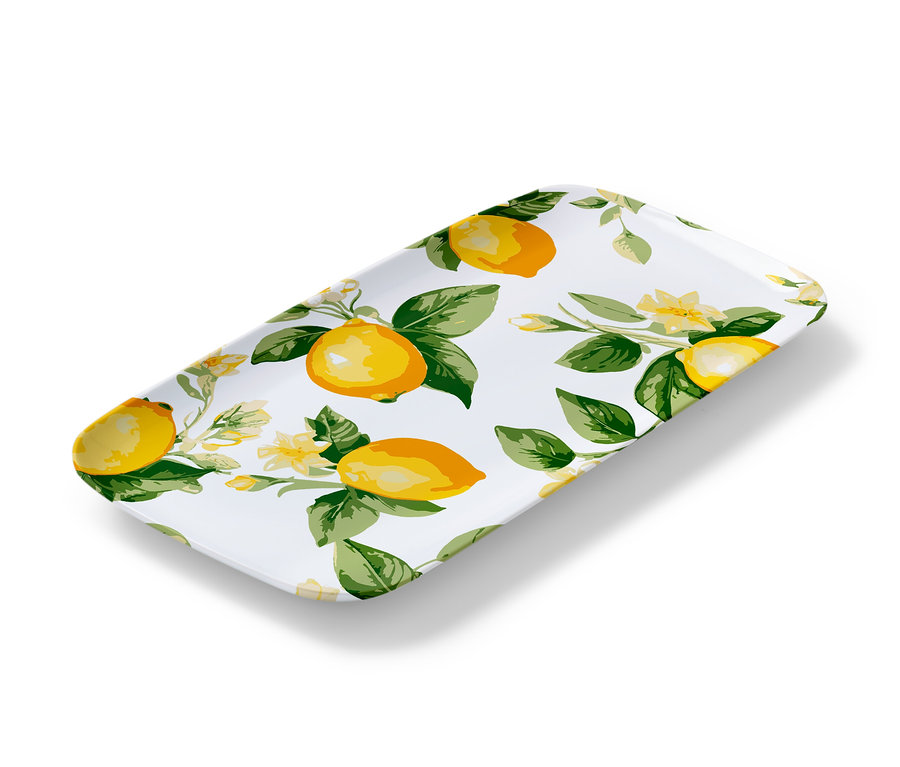Rechteckige Servierschale mit Zitronen- und Blumenmuster.