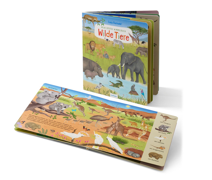 Das Buch "Mein erstes Wimmelbuch – Wilde Tiere" ist auf einer Seite mit Illustrationen von Tieren aus Australien geöffnet.