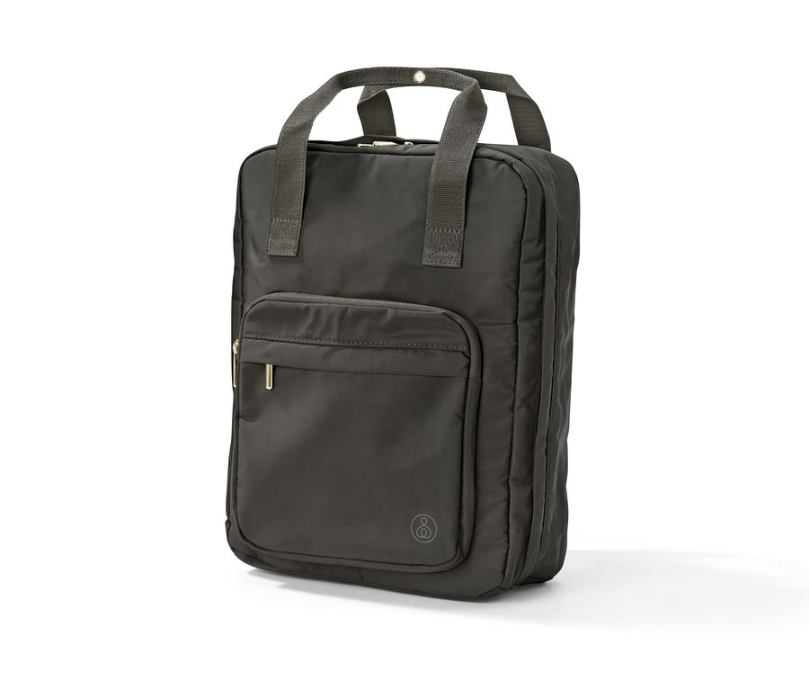 Grauer Sport-Rucksack mit Griff und Fronttasche.