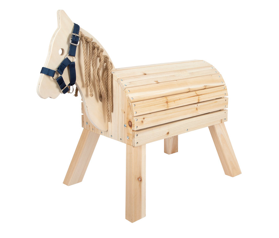 Kompaktes small foot Holzpferd mit blauem Zaumzeug und Seilmähne.